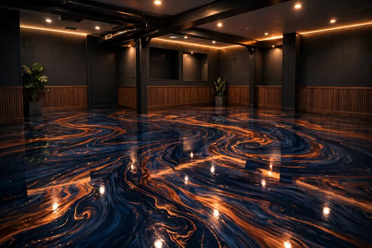 Navy and copper metallic epoxy basement floor