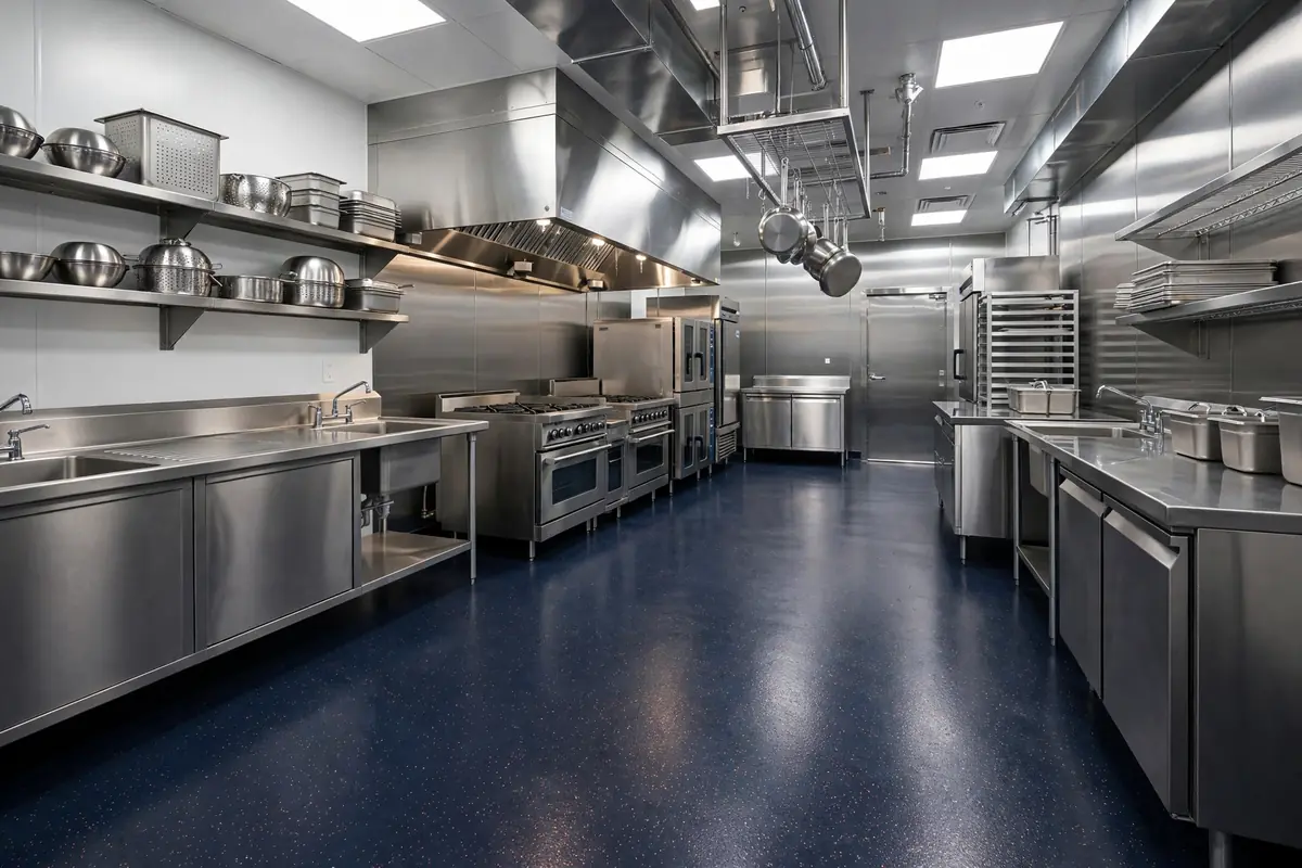 Commercial kitchen with a dark navy epoxy floor