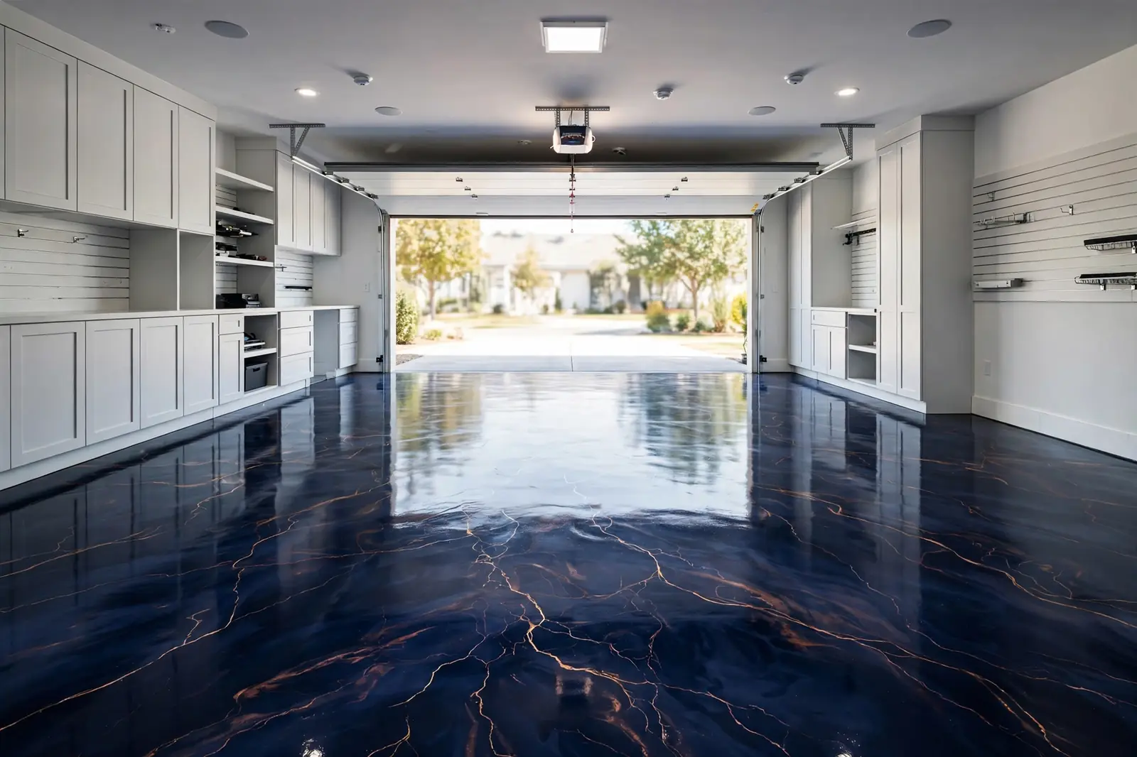 Midnight navy metallic epoxy garage floor in Washington, DC